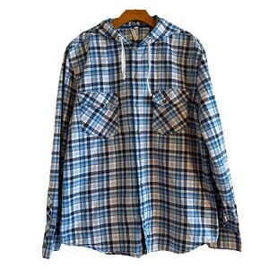 Kirra Blue Plaid 100% Cotton Long‎ Sleeve Western Pearl Snap Hoodie Mens Size XL